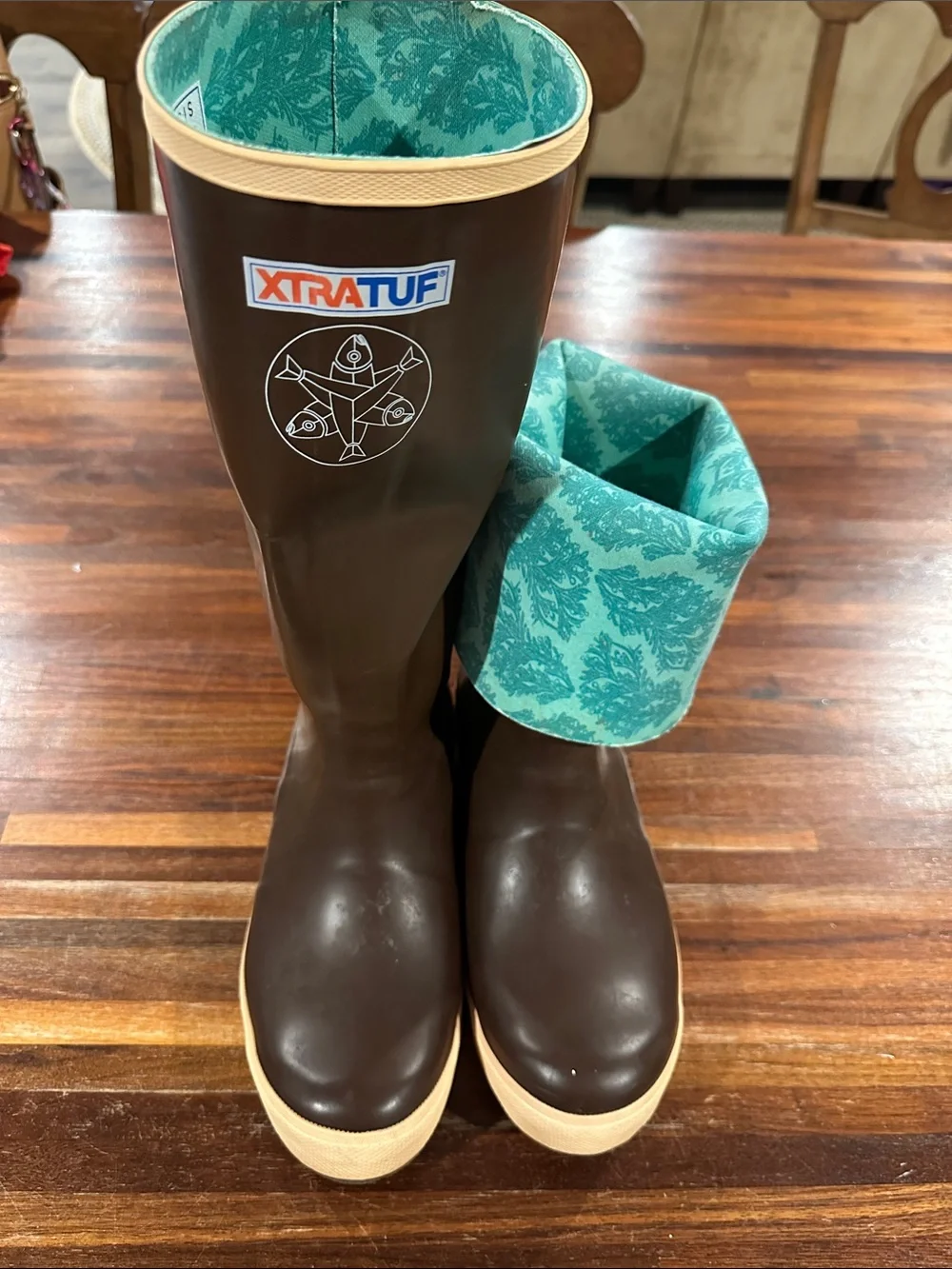 XTRATUF Women's Brown Waterproof Rain Boots with Teal Lining